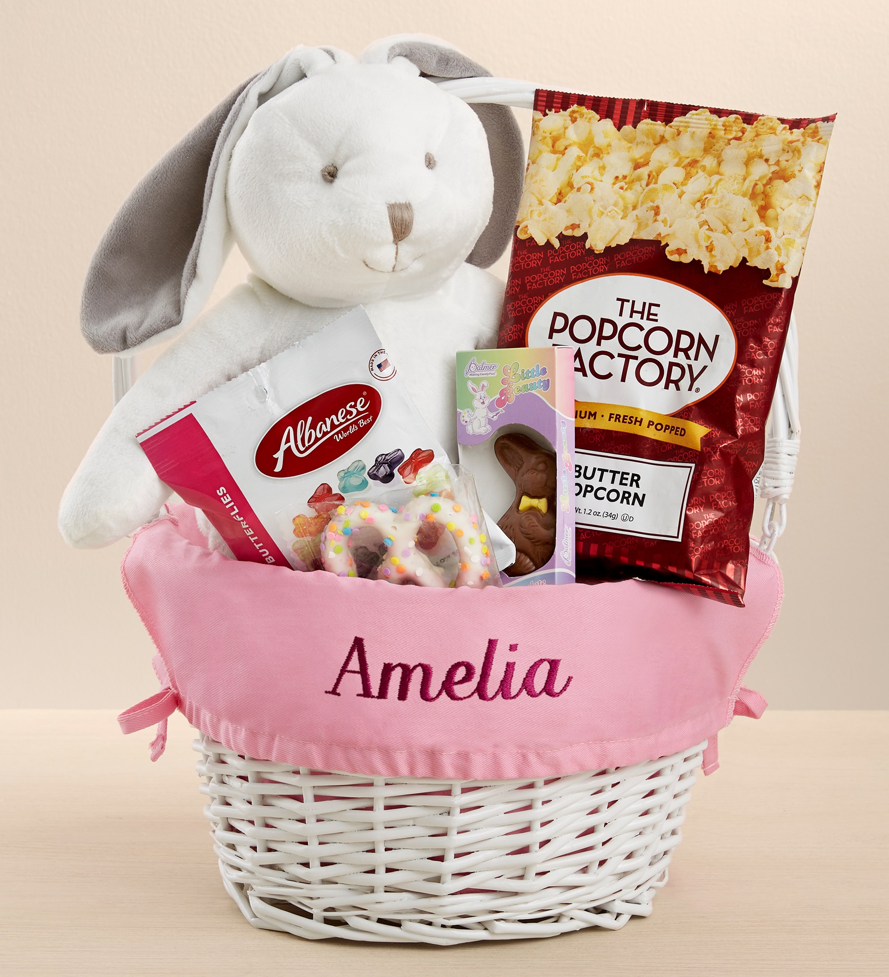 Personalized White Easter Basket With Bunny & Treats Gift Set